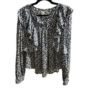 GAP women’s size L cropped ruffled blue floral split v neck long sleeve top